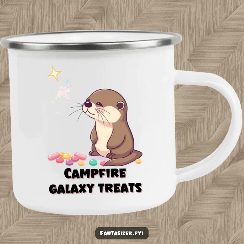 Funny enamel camping mug showing a curious otter gazing at a galaxy made of tiny, glowing candies.