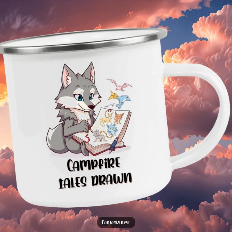 Funny wolf character sketching fantastical creatures on a camping mug, a humorous and durable outdoor artist companion.
