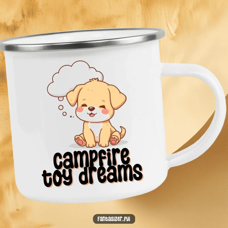 Funny puppy camping mug, a dog dreaming of a toy cloud in nature, perfect for whimsical outdoor humor.