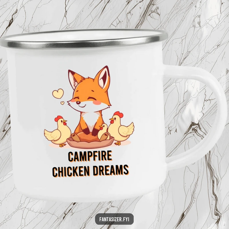 Funny happy fox daydreaming of a feast of plump chickens, designed for a durable camping mug. Ideal for outdoor lovers with a big appetite and a sense of humor.