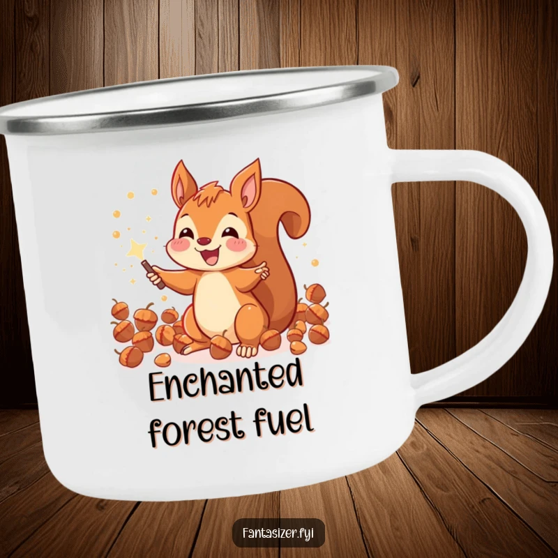 Funny joyous squirrel conjuring sparkling acorns with a magic wand, a sturdy camping mug for outdoor magic.
