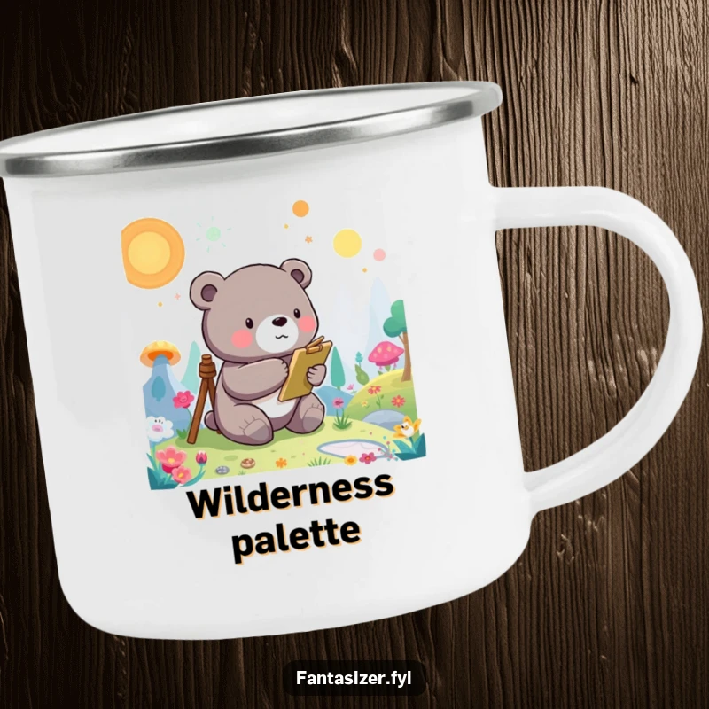 Funny Bear Camping Mug: A whimsical bear paints a vibrant landscape, perfect for outdoor creative sessions.