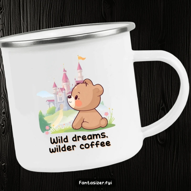 Funny Bear Camping Mug showing a bear cub dreaming of a castle, ideal for humorous outdoor trips and dreamers.