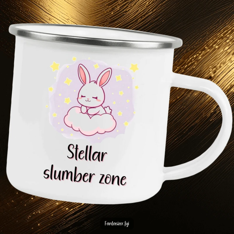 Funny camping mug with a dreaming rabbit floating on a cloud dotted with stars, perfect for outdoor relaxation and whimsical moments.