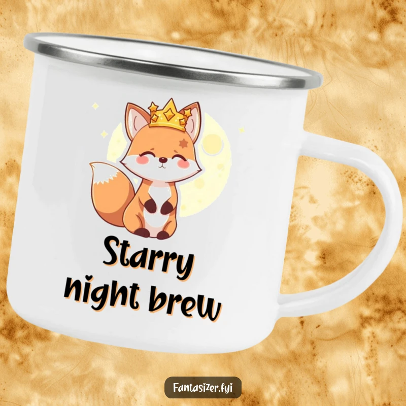 Funny enamel camping mug depicting a happy fox with a star crown gazing at a distant glowing planet, designed for adventurers and stargazers seeking humor.