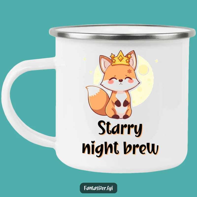 Funny Fox Campfire Mug: Durable Enamel Cup for Stargazers, Cosmic Scene, Great Gift
