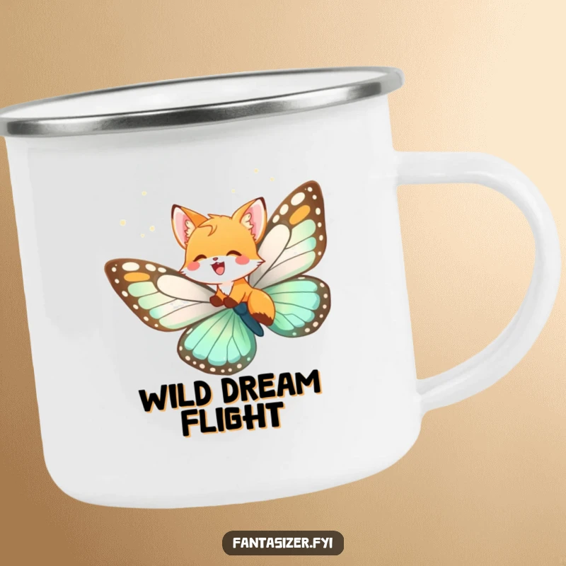 Funny fox cub camping mug, a cub flying on a butterfly in nature, perfect for whimsical outdoor humor.