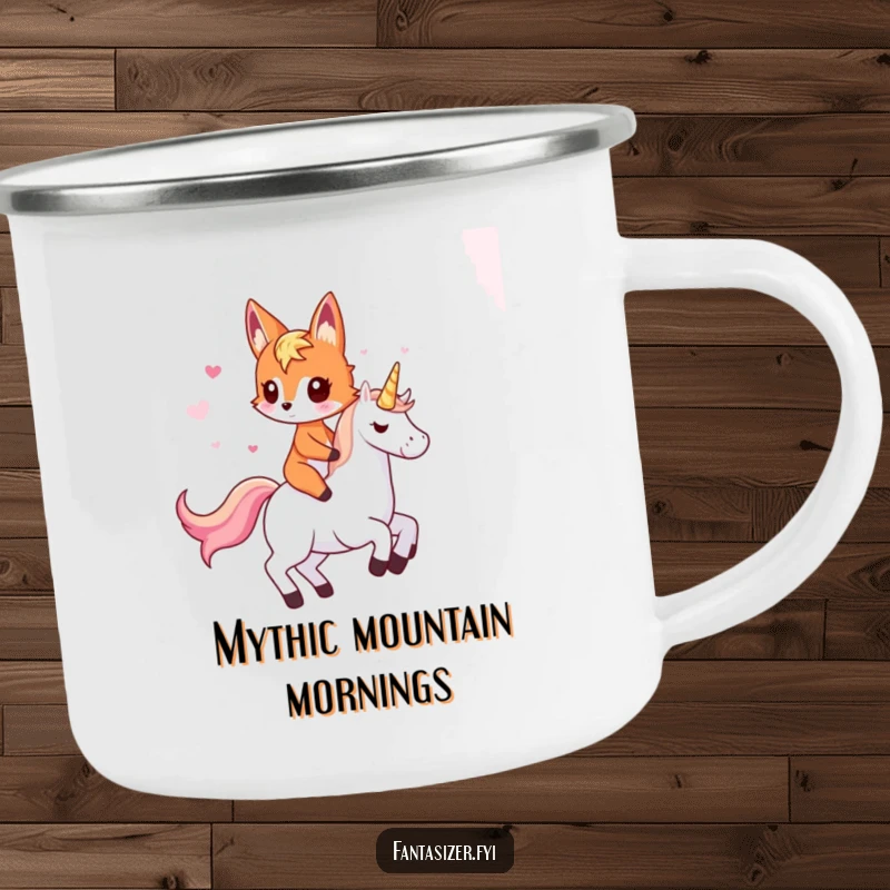 Funny fox camping mug featuring an imaginative fox riding a unicorn, for whimsical outdoor adventures.