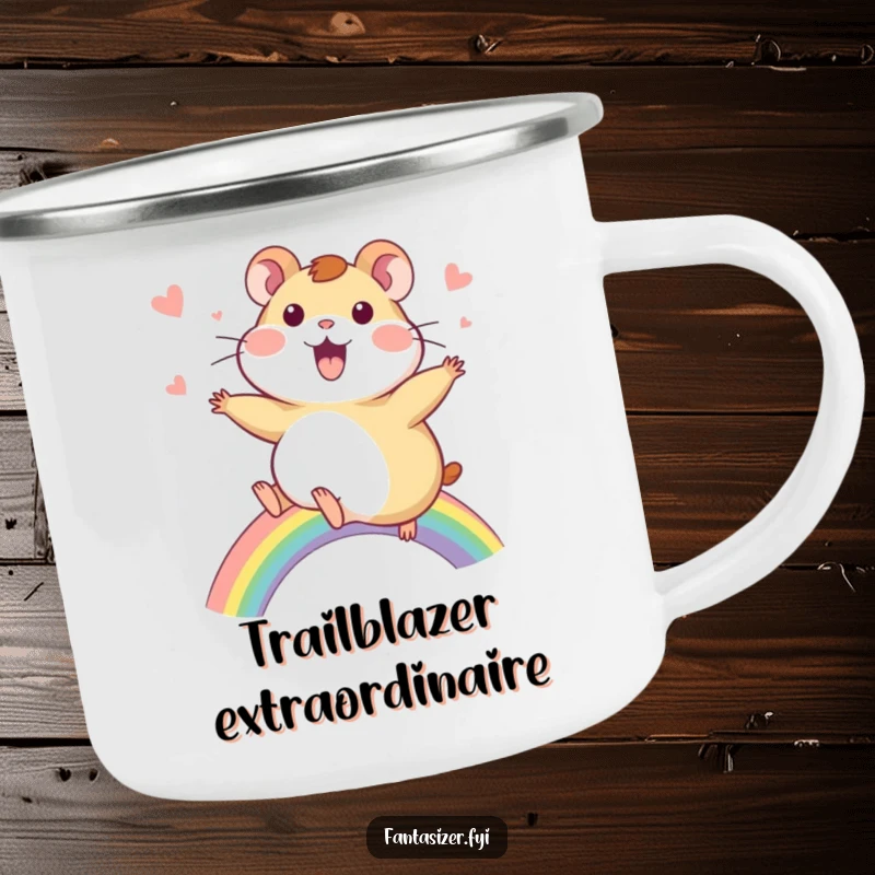 Funny Hamster Camping Mug: A delighted hamster rides a vibrant rainbow, perfect for enjoying beverages on adventures.
