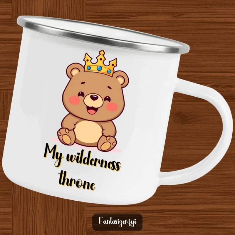 Funny camping mug featuring a happy crowned bear ruling a toy kingdom, bringing regal humor to outdoor adventures.