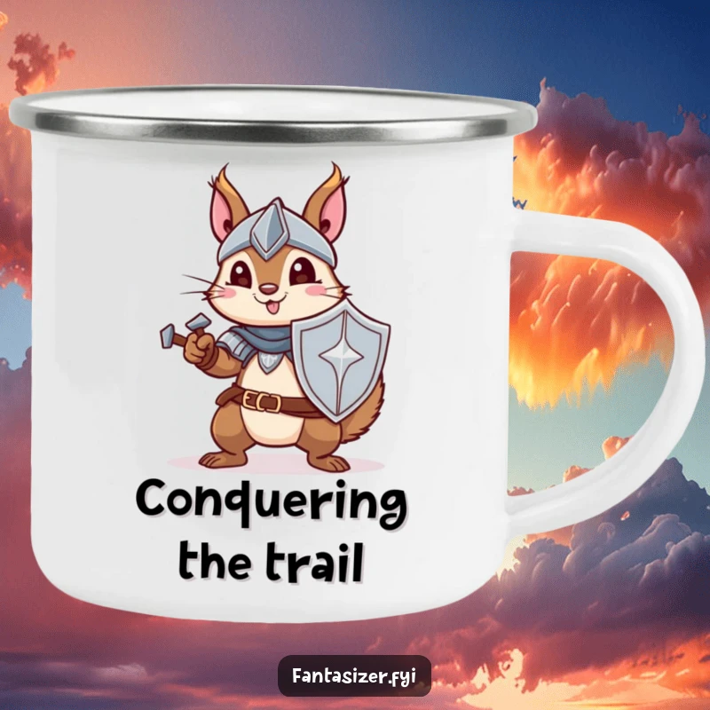 Funny camping mug with a squirrel knight ready for action, perfect for brave adventurers enjoying the outdoors.