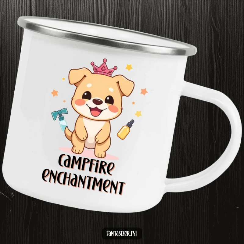 Funny Dog Camping Mug: A happy dog character magically transforms outdoor items into enchanted treasures, perfect for adventurers.
