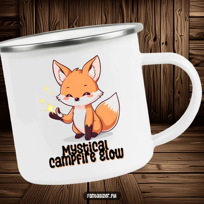Funny camping mug with a creative fox conjuring sparkling magical effects from its paws, perfect for outdoor enchantment.
