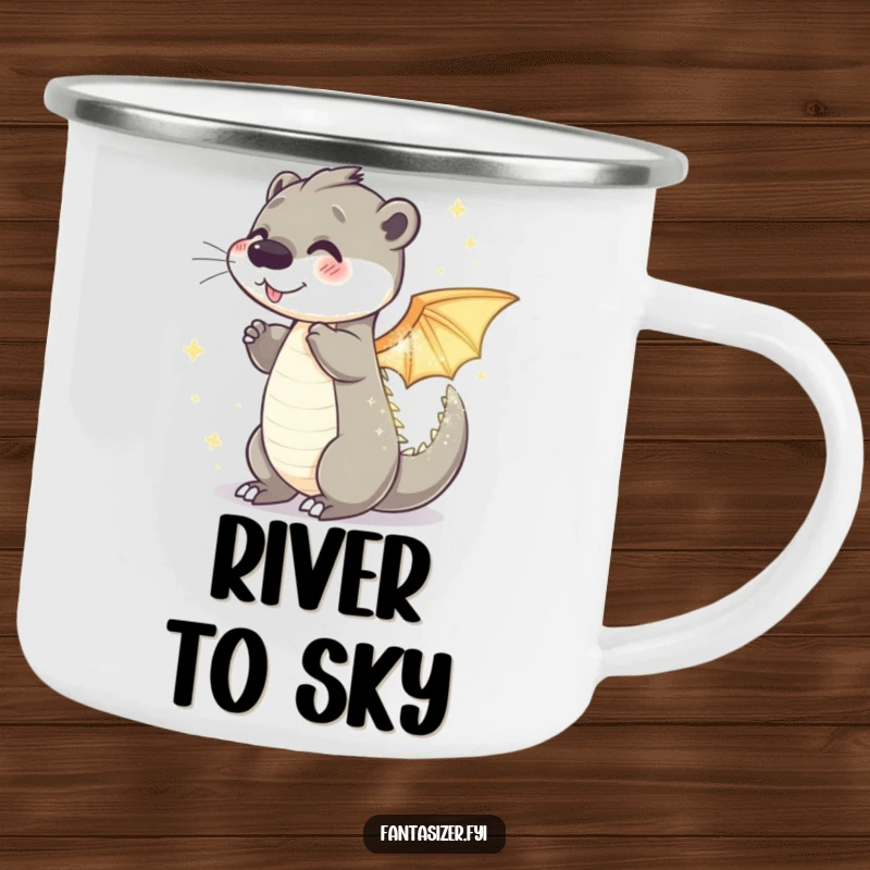 Funny otter dragon camping mug showing a playful otter transforming into a sparkling, shimmering dragon, perfect for outdoor sipping.