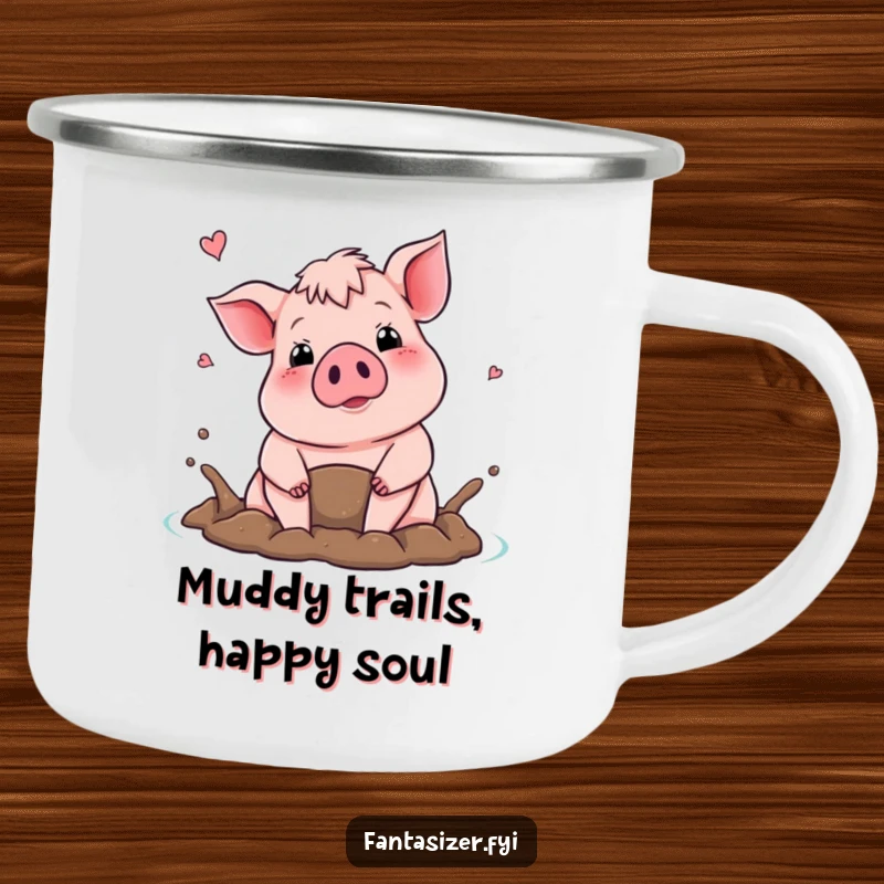 Funny camping mug featuring a proud pig dreaming of a mud bath, perfect for sipping coffee in joyful relaxation.