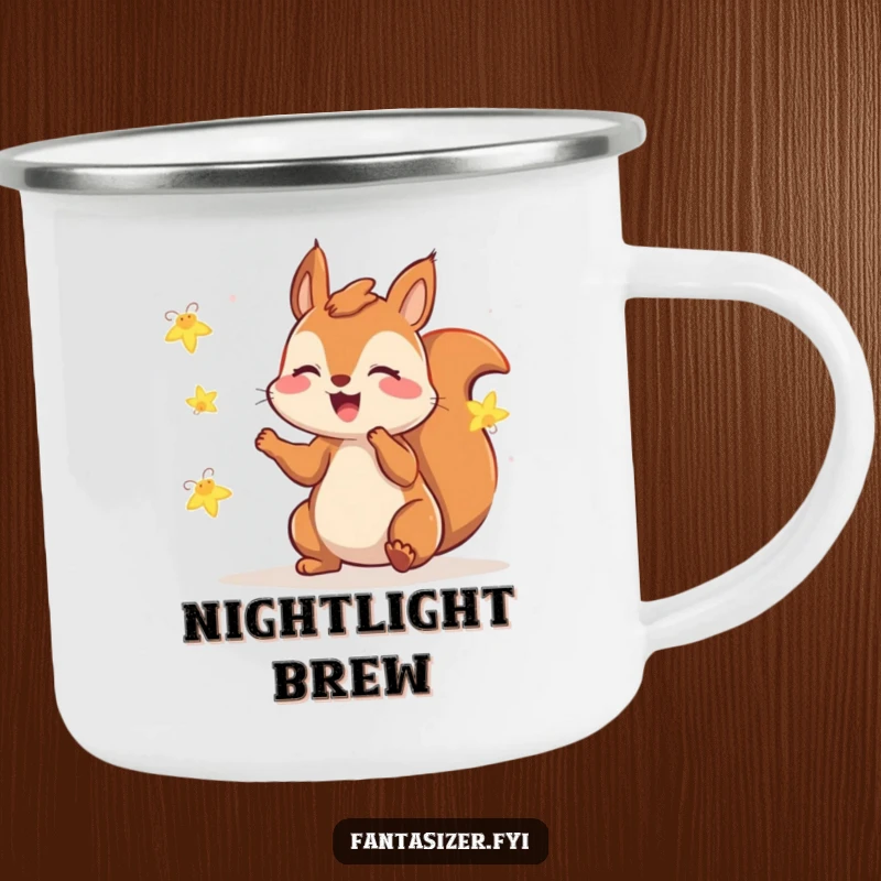 Funny squirrel camping mug featuring a gleeful squirrel playing with fireflies, for whimsical night adventures.