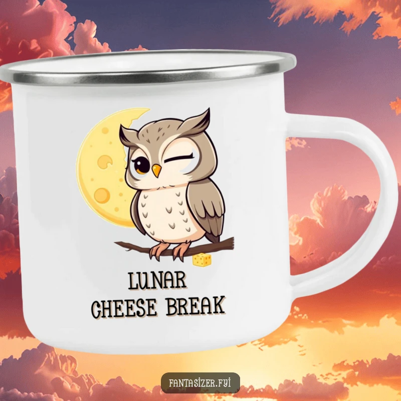 Funny camping mug featuring a winking owl observing a moon made of cheese, for cosmic outdoor enjoyment.