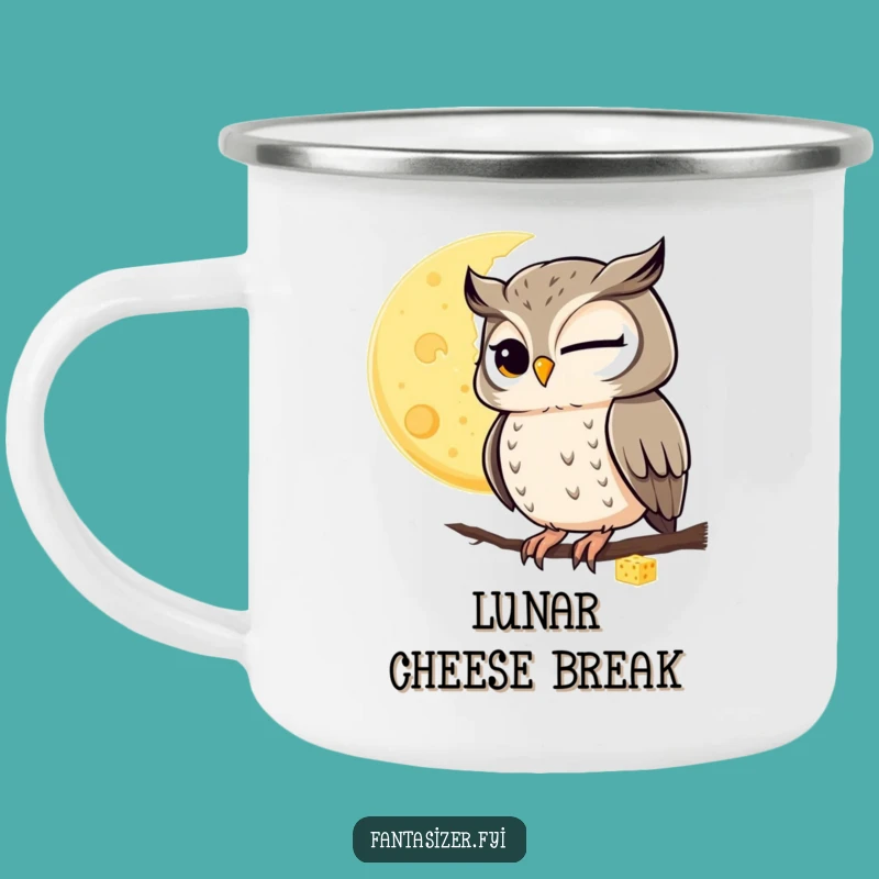 Funny Winking Owl Cheese Moon Camping Mug: Celestial Adventure Cup Gift