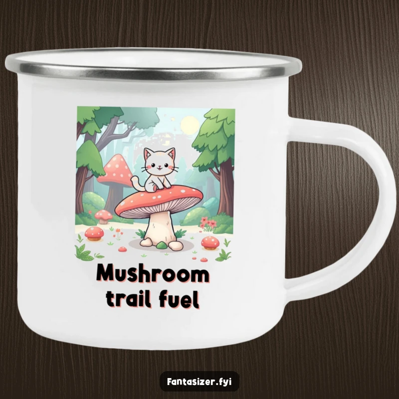 Funny camping mug with a playful cat riding a giant mushroom through a fantasy forest, perfect for outdoor whimsy.