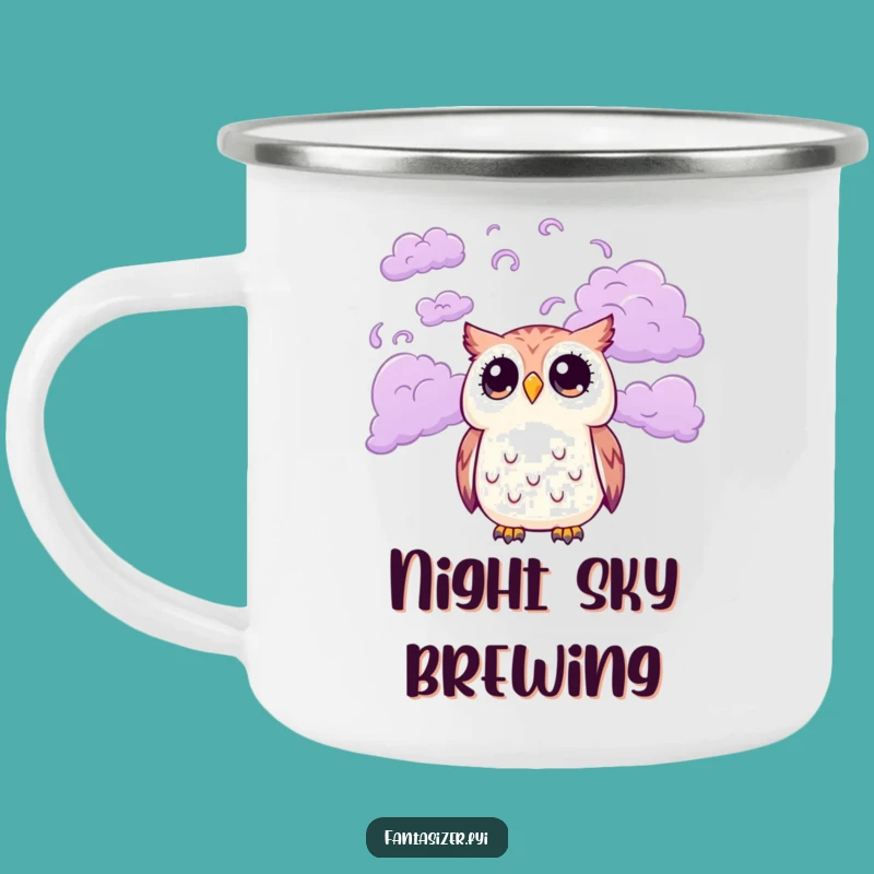 Funny Owl Campfire Mug: Durable Enamel Cup for Dreamers, Whimsical Sky Scene, Great Gift