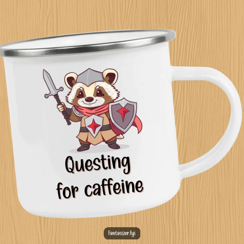 Funny camping mug featuring a determined badger knight, ready for any adventure, perfect for brave souls.