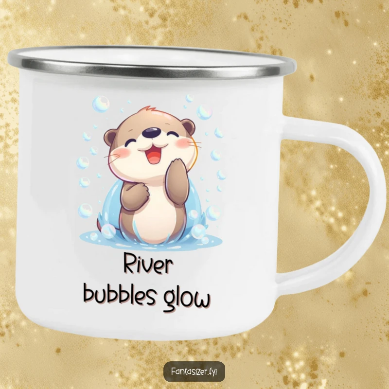 Funny otter character playing with iridescent bubbles on a camping mug, a humorous and durable outdoor companion.