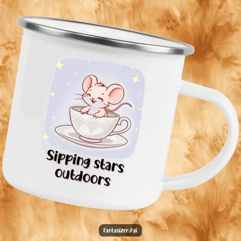 Funny camping mug with a giggling mouse comically piloting a teacup across a vast, starry night sky.