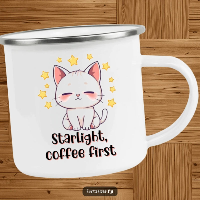 Funny Cat Camping Mug: A whimsical cat dreams amongst stars and planets, perfect for enjoying warm beverages during outdoor excursions.