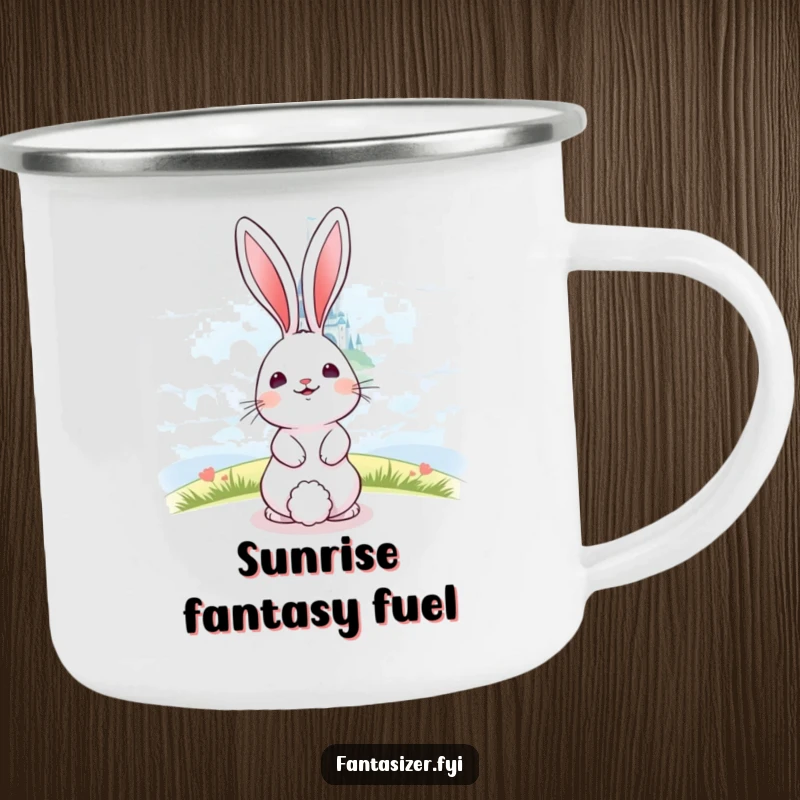 Funny bunny gazing at a shimmering castle in the clouds, a sturdy camping mug for outdoor dreams.