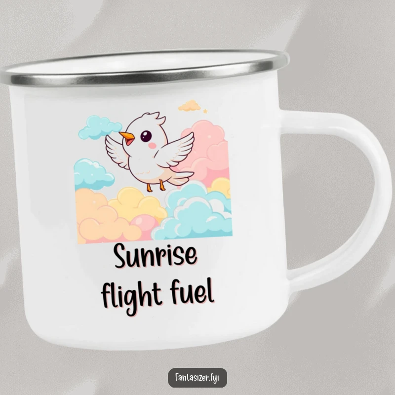 Funny camping mug featuring a delighted bird character soaring joyfully through colorful clouds, ideal for outdoor enthusiasts.