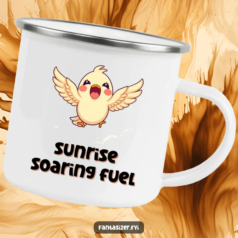 Funny camping mug showcasing an excited bird amidst clouds, ideal for outdoor use and bringing a humorous touch to your campsite.