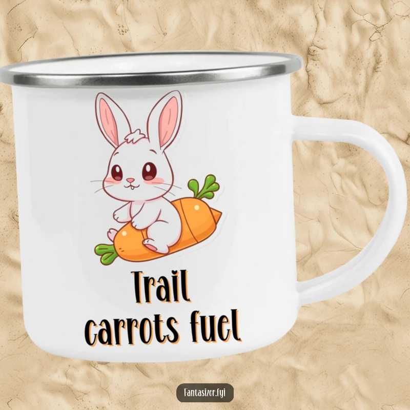 Funny camping mug featuring a rabbit riding a flying carrot, perfect for outdoor adventures and whimsical moments.