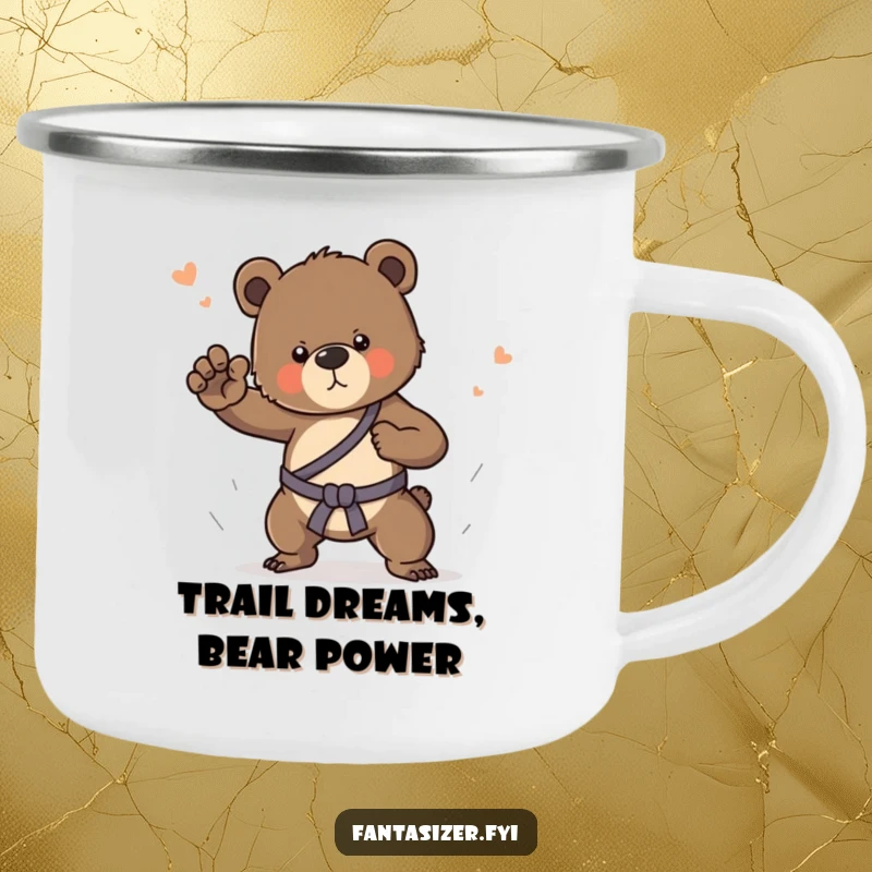 Funny camping mug with a determined bear cub practicing martial arts in a dream, ideal for any outdoor setting.