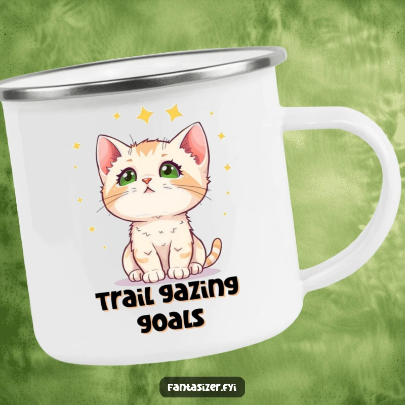 Funny kitten camping mug showing a curious cat stargazing, durable and charming for outdoor adventures and a touch of wonder.