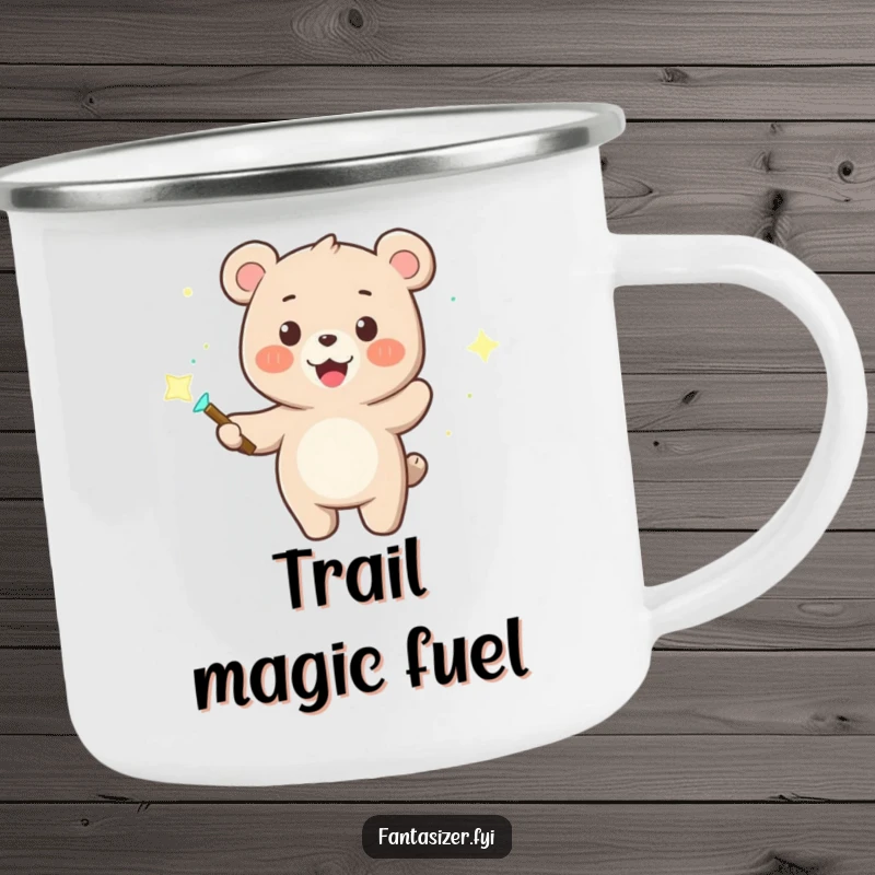 Funny camping mug featuring a bear wizard with a magic wand, creating dancing lights, ideal for outdoor enchantment.
