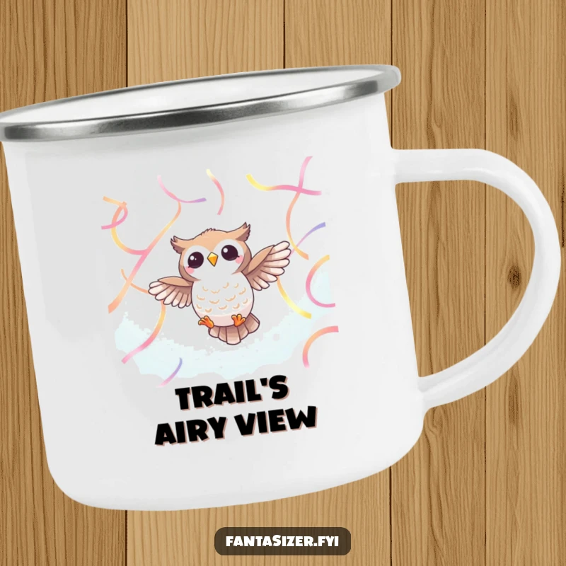 Funny Owl Ribbon Camping Mug: A cheerful owl soars through vibrant ribbons, perfect for outdoor humor, a funny gift.