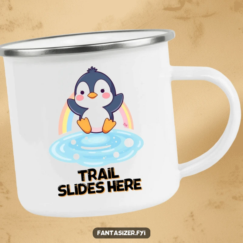 Funny camping mug featuring a playful penguin character enjoying a rainbow slide, perfect for outdoor enthusiasts.