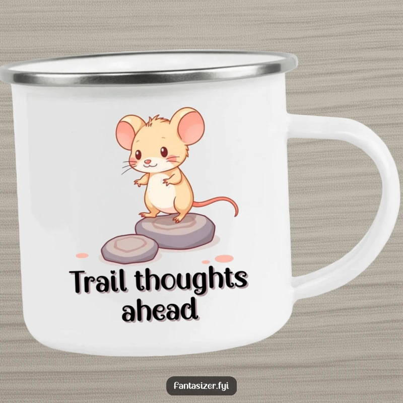 Funny camping mug featuring a brave mouse stepping on thought-stones, perfect for enjoying drinks outdoors.