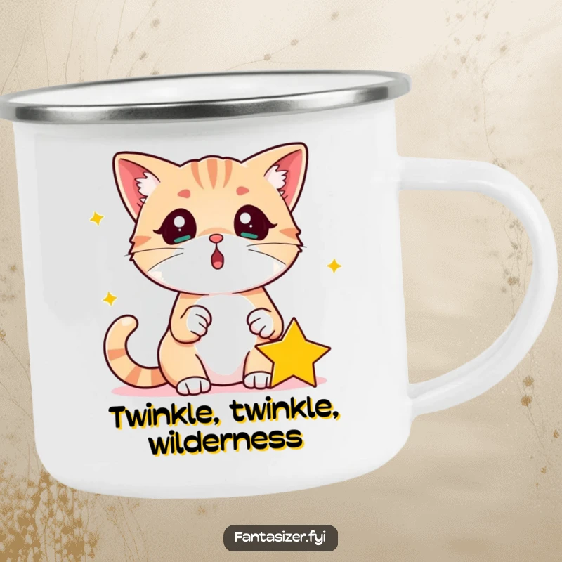 Funny Surprised Cat Camping Mug: Surprised cat looks at a fallen star in its paw, great for outdoors and as a funny gift.
