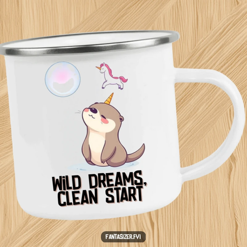 Funny camping mug featuring a happy otter admiring a soap bubble unicorn, perfect for outdoor adventures and whimsical moments.
