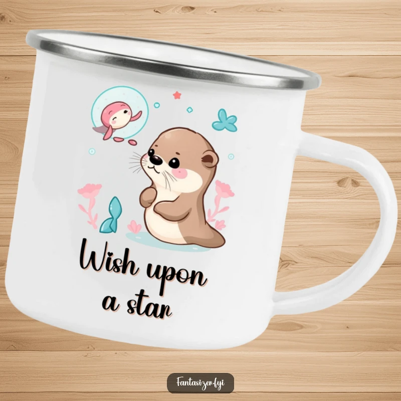 Funny camping mug with an otter dreaming of mermaids, designed for outdoor use and spreading whimsical humor.