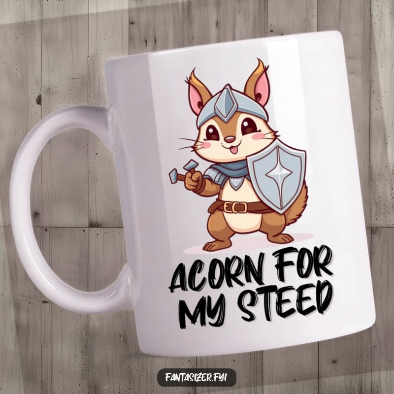 Funny mug featuring a playful squirrel dressed as a knight, wielding a tiny sword, ready for heroic adventures.