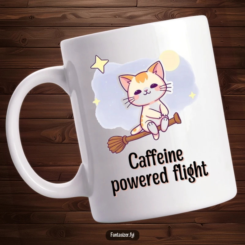 Funny mug featuring a beaming cat happily riding a broomstick across a starry night sky, embodying magical joy.