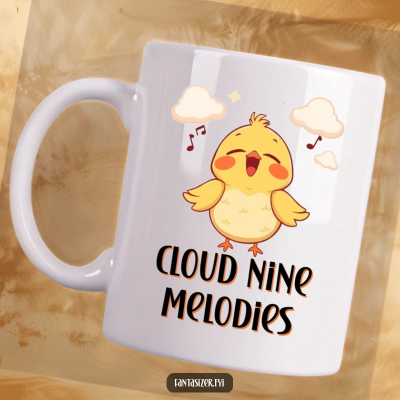 Funny mug featuring a joyful bird singing with closed eyes, imagining a stage made of clouds, capturing a moment of pure musical bliss.