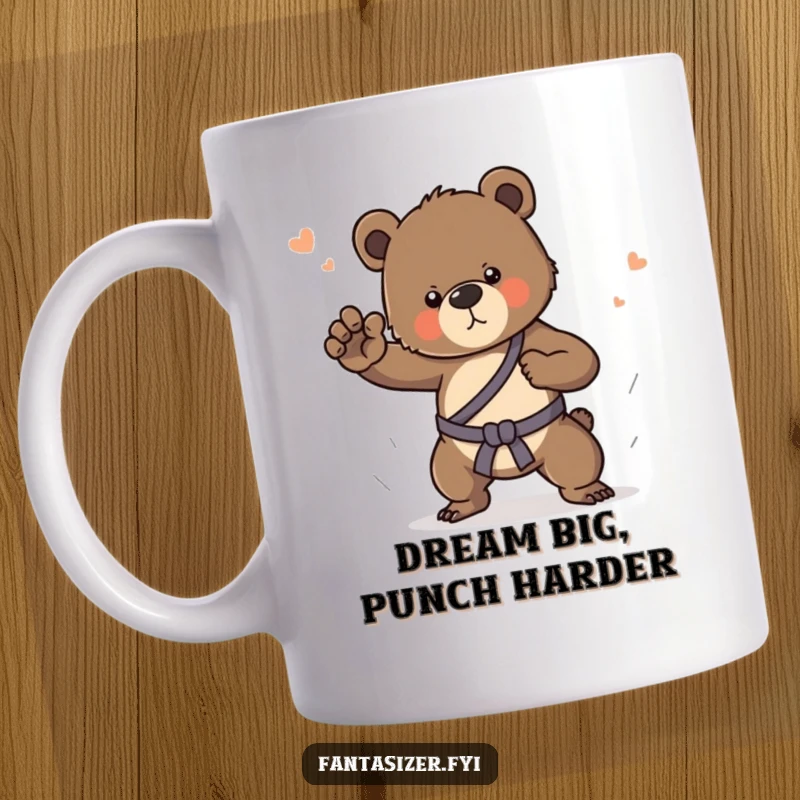 Funny mug showing a determined bear cub in a dream, practicing intense martial arts moves with focused energy.