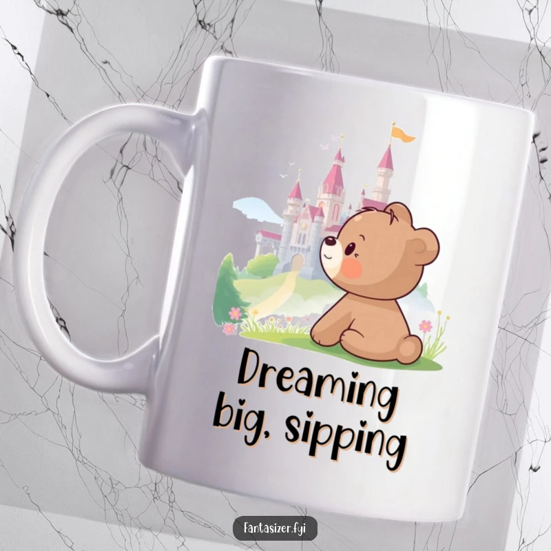 Funny Bear Mug showing a happy bear cub gazing at a fantastical castle, embodying dreams and humor.