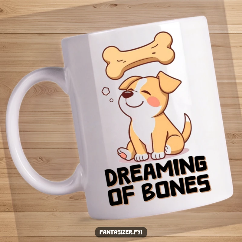 Funny mug showing a happy dog blissfully dreaming of a giant bone floating magically above its head.