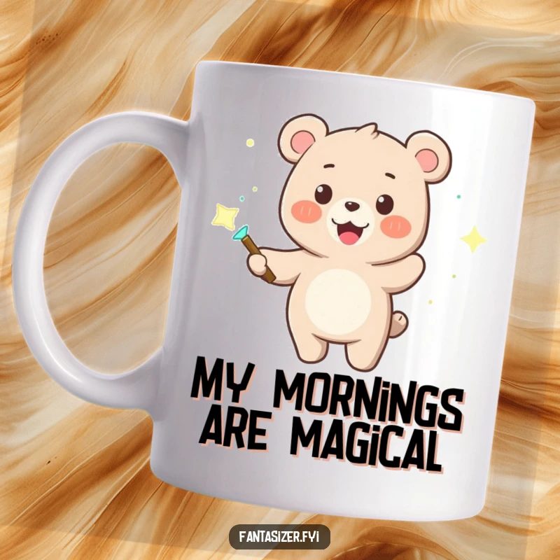 Funny mug featuring a smiling bear wizard holding a glowing magic wand, conjuring sparkling dancing lights and pure joy.