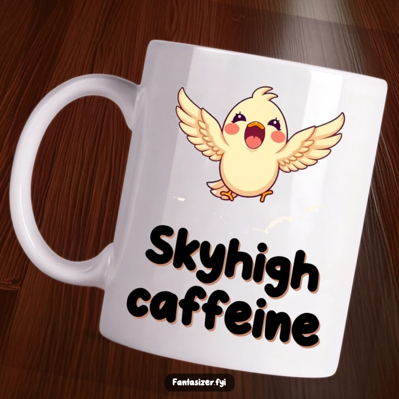 Funny mug featuring a happy bird with wings spread wide, dreaming of soaring through fluffy clouds, a humorous depiction of freedom.