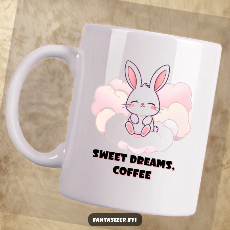 Funny bunny mug with eyes closed, imagining floating amongst giant, candy-colored clouds, evoking sweet dreams.